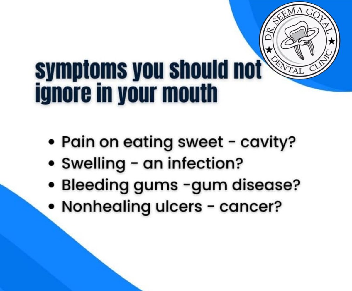 Some of the symptoms to watch for following below: 
#PainOnEatingSweet - cavity? 
#Swelling an infection?
#BleedingGums -gum disease? 
#NonhealingUlcers - cancer?

If you notice any of the symptoms listed, don't ignore them and see Dentist right away.