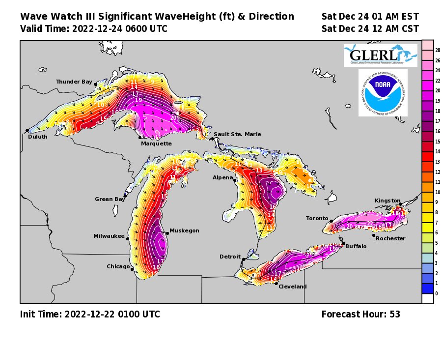 The Great Lakes will pretend to be oceans this weekend. Forecast calls for 20ft+ waves on all 5 of them.