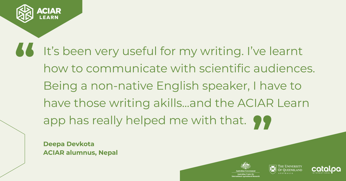 Deepa Devkota is an Agricultural Economist at 🇳🇵 Agricultural Research Council. She completed the #ACIARLearn Academic Writing Skills course & reflected on her experience📱 EOIs are open for #ACIARAlumni to participate in courses starting January 2023.

➡️ bit.ly/3v5BMsY