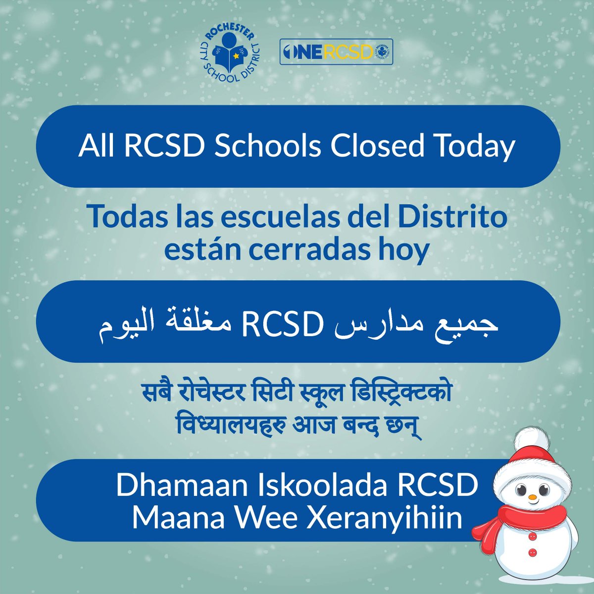 Due to a water main break, the Rochester City School District will be closed Thursday, December 22.  All school-related activities are also canceled.  Staff is not expected to report. No transportation will be provided for charter, private/parochial, or urban-suburban students.