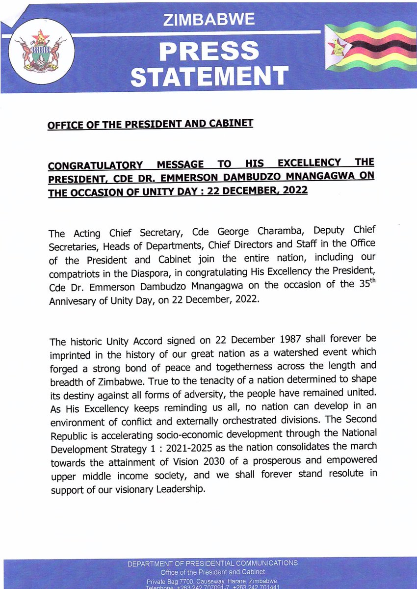 DeptCommsZW's tweet photo. The Acting Chief Secretary to the President and Cabinet Cde George Charamba’s congratulatory message to H.E. President @edmnangagwa on the occasion of the 35th anniversary of the Unity Day. https://t.co/OKPmJhsHNF
