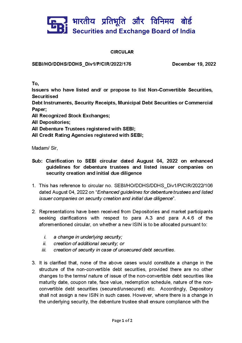MITCONCredentia's tweet photo. Clarification to SEBI circular on Aug 04, 2022 on enhanced guidelines for debenture trustees and listed issuer companies on security creation and initial due diligence and on whether a new ISIN is to be allocated

#MITCONcredentia #trustee #aif #sebi #rbi #bond #debenture #ncd https://t.co/mK4dMibEdI