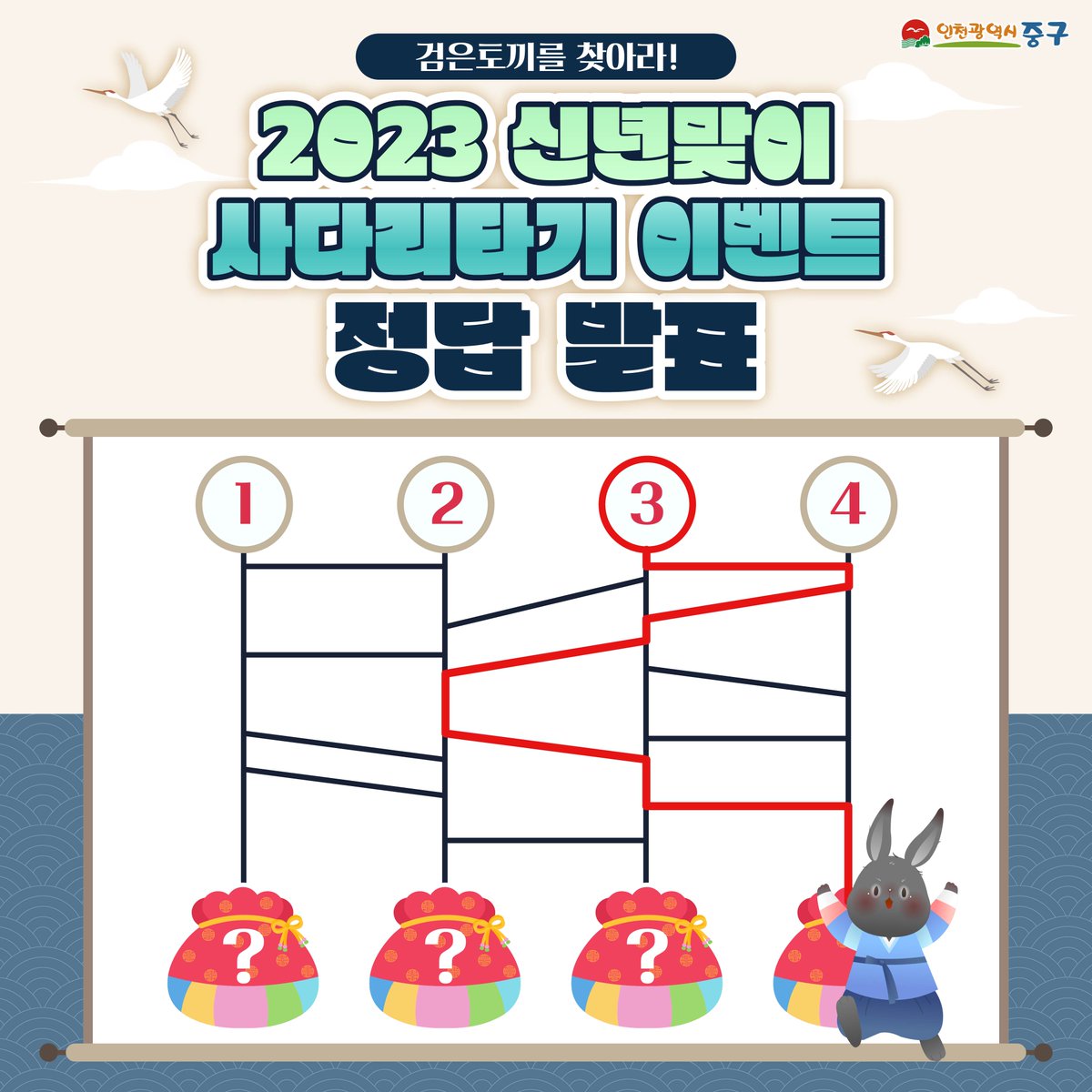 🎉인천 중구가 2023 신년맞이
깜짝 사다리타기 이벤트 당첨자 발표 
 
🎁상품 : 스타벅스 카페 아메리카노 T 50명 
 
앞으로도 많은 사랑과 관심 부탁드립니다!
⠀
✔ 당첨자는 블로그 포스팅 내에서 확인 가능하며, 당첨자에게는 별도의 메시지 없이 상품이 발송됩니다. 
 
▶bit.ly/3WiGU9m