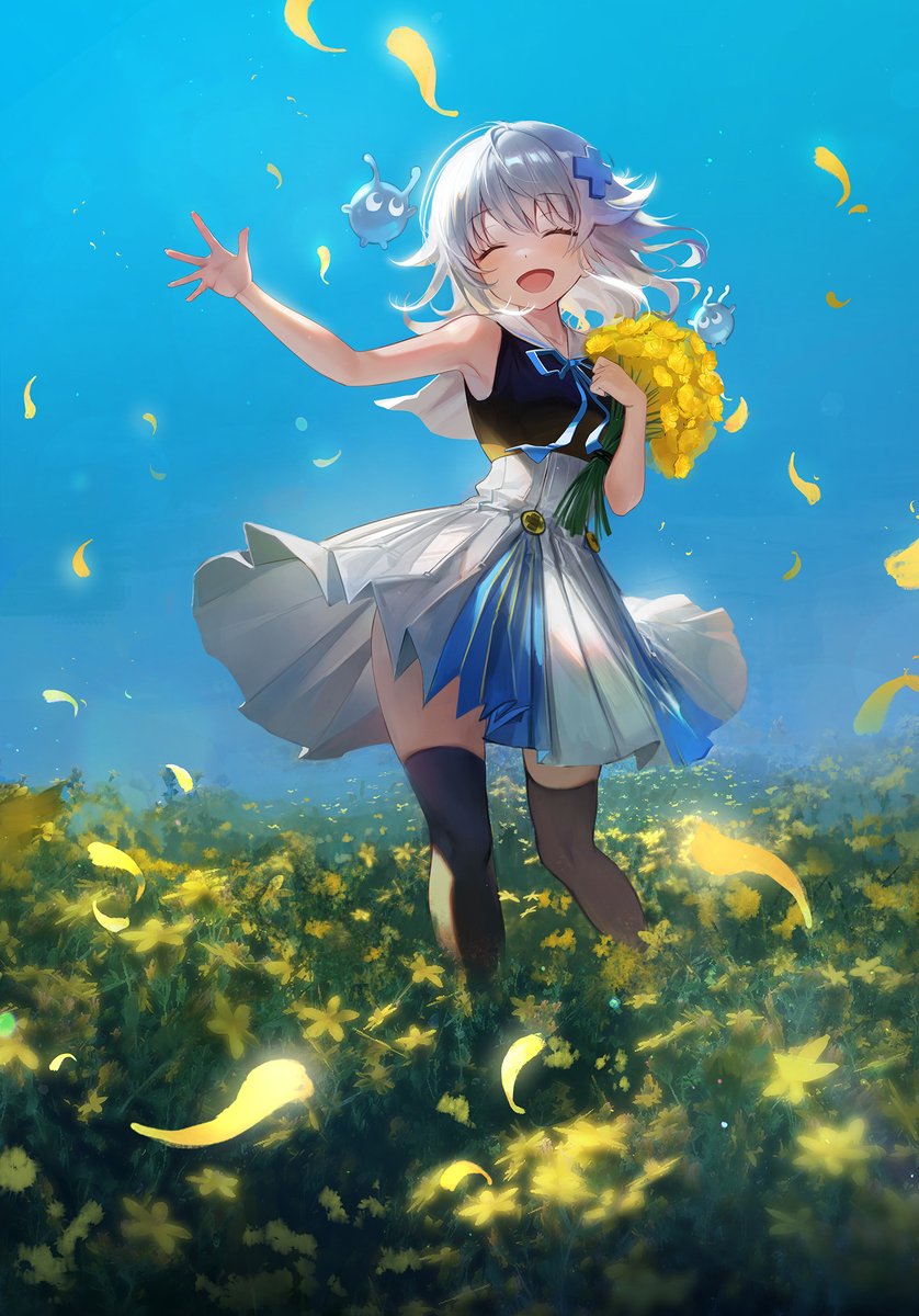 1girl thighhighs flower closed eyes yellow flower smile solo  illustration images