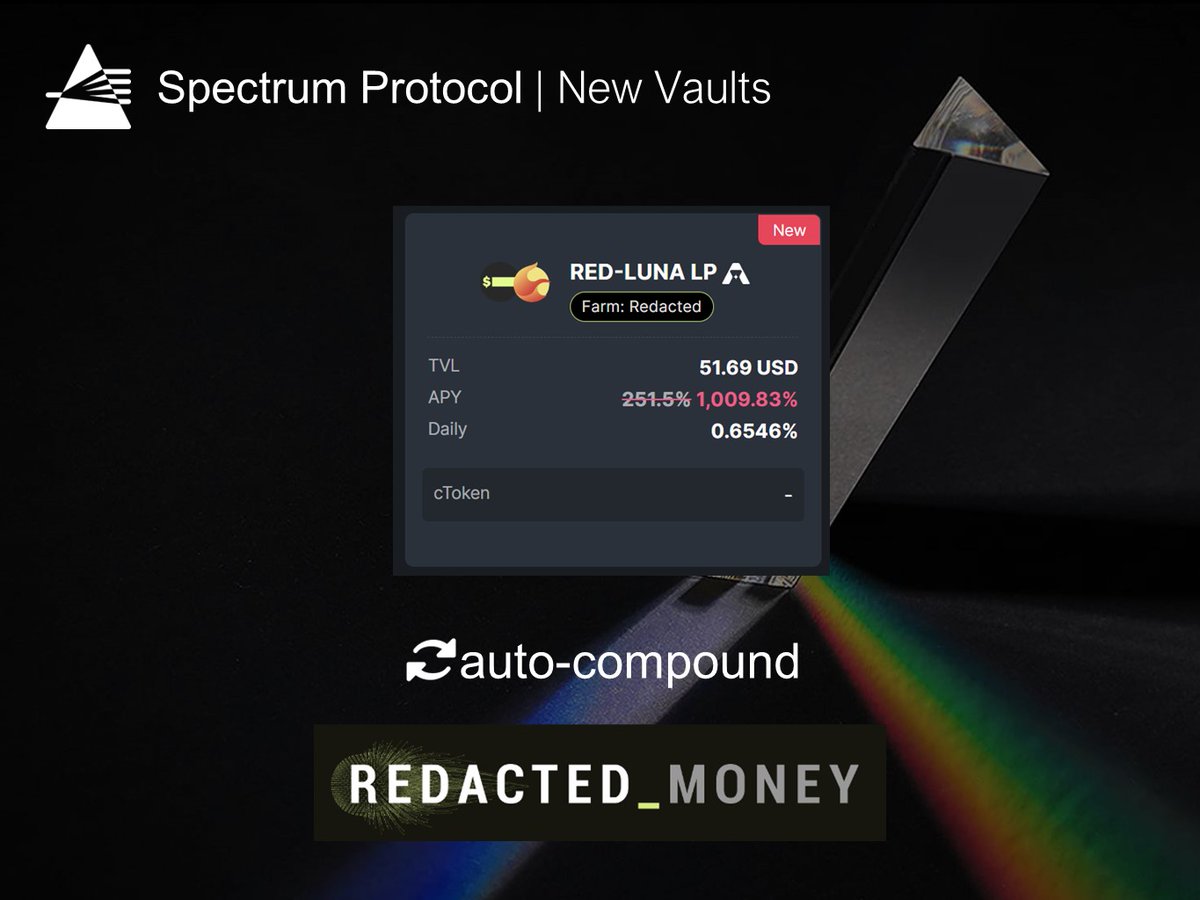SpecProtocol's tweet image. Redacted Money RED-LUNA vault is now available on Spectrum Protocol. Auto-compound your LP at terra.spec.finance