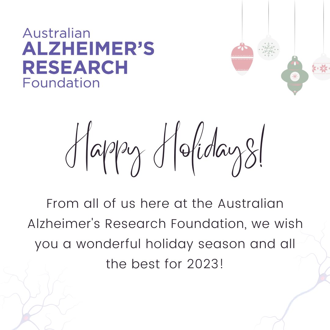 AlzResearchAU's tweet photo. From all of us here at the Australian Alzheimer's Research Foundation, we wish you a wonderful holiday season and all the best for 2023!💜
#alzheimersresearch #alzheimers #medicalresearch https://t.co/sQGxseEwhM