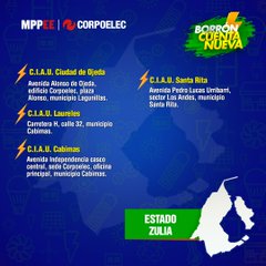#Corpoelec pone a tu disposición los Centros integrales de Atención al Usuario, en el estado #Zulia, para cancelar la factura del servicio eléctrico y ser atendido de manera personalizada.

¡Usuario Solvente, Servicio Eficiente!