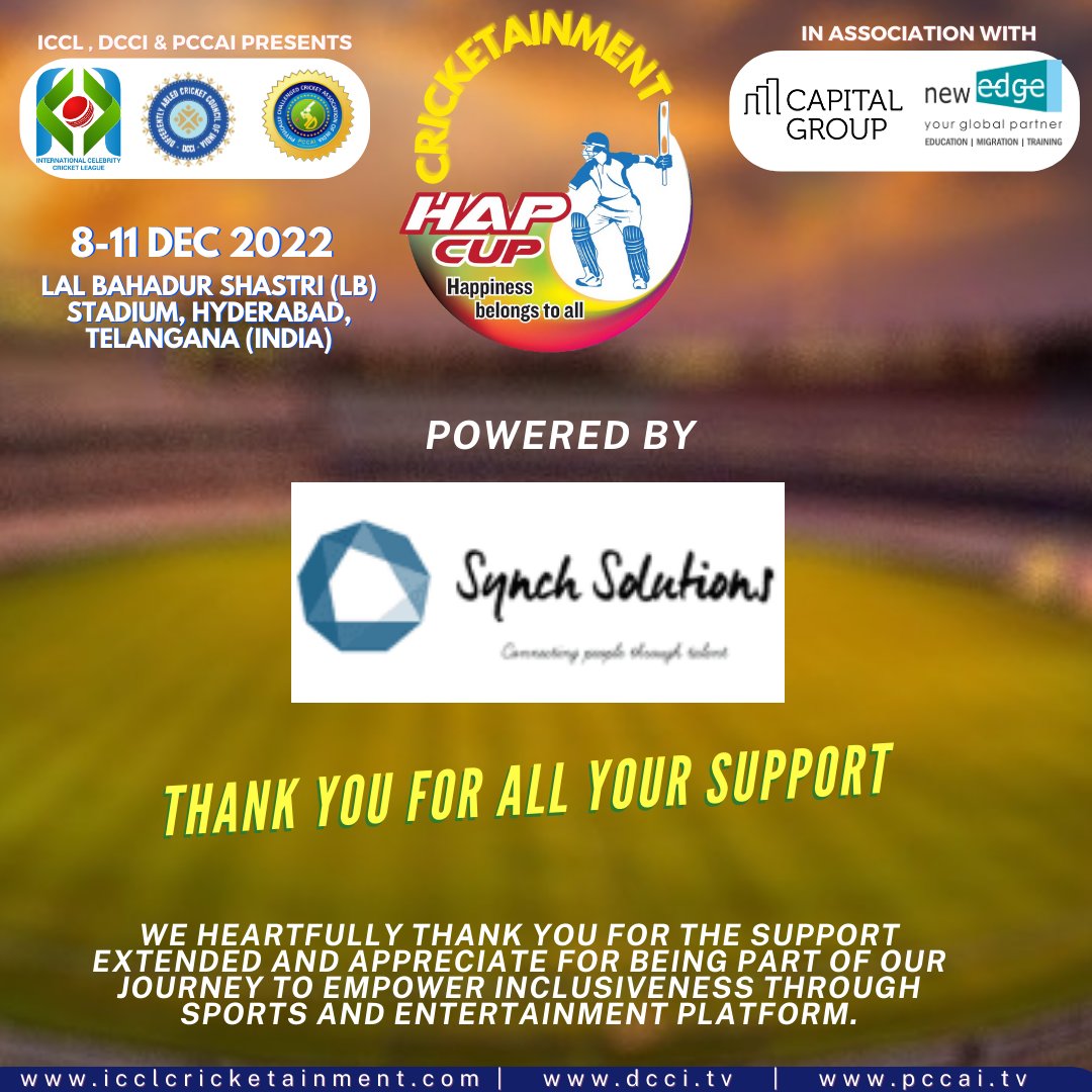 ICCLCRICKET's tweet photo. We heartfully thank you for the support extended and appreciate for being part of our journey to empower inclusiveness through sports and entertainment platform.

Thank you for all your support  #synchsolutions

#dcci #pccai #cricketainment #iccl #hapcupthirdedition https://t.co/sOCCJsrzXr