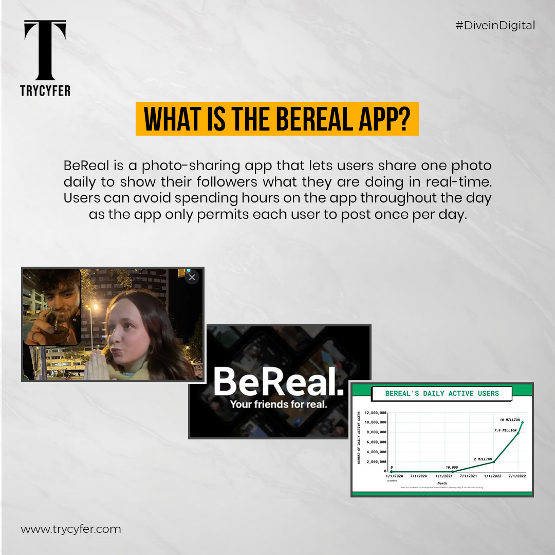try_cyfer's tweet photo. BeReal app is a mobile app that encourages users to post an unedited photo daily in response to a push notification. 

The user's friends get the same message, urging the group to photo what they are doing at the time and share it.

#Trycyfer #DiveInDigital #bereal #berealapp https://t.co/oVTaVxTw1n