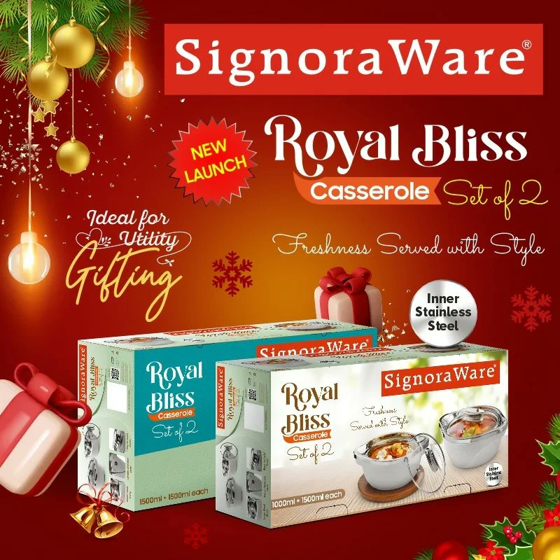 SignoraWare's tweet photo. The perfect gift for your friends and family this season

"Launching Royal Bliss Casserole Set of 2"

#signoraware #newlaunch #casserole #hotcasserole #coldcasserole #hotcase #Setof2 #food #glasslid #plasticouterbody #steelinnerbody #hotfood #homeutility #regularuse https://t.co/dGMVZQ00ji
