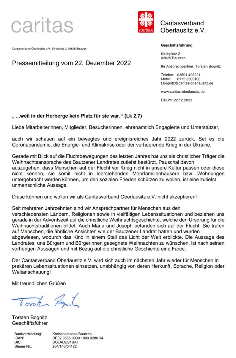 Statement der #Caritas #Oberlausitz zum Statement des #CDU-Landrats #Witschas von #Bautzen. Der Verband äußert seine Bestürzung.