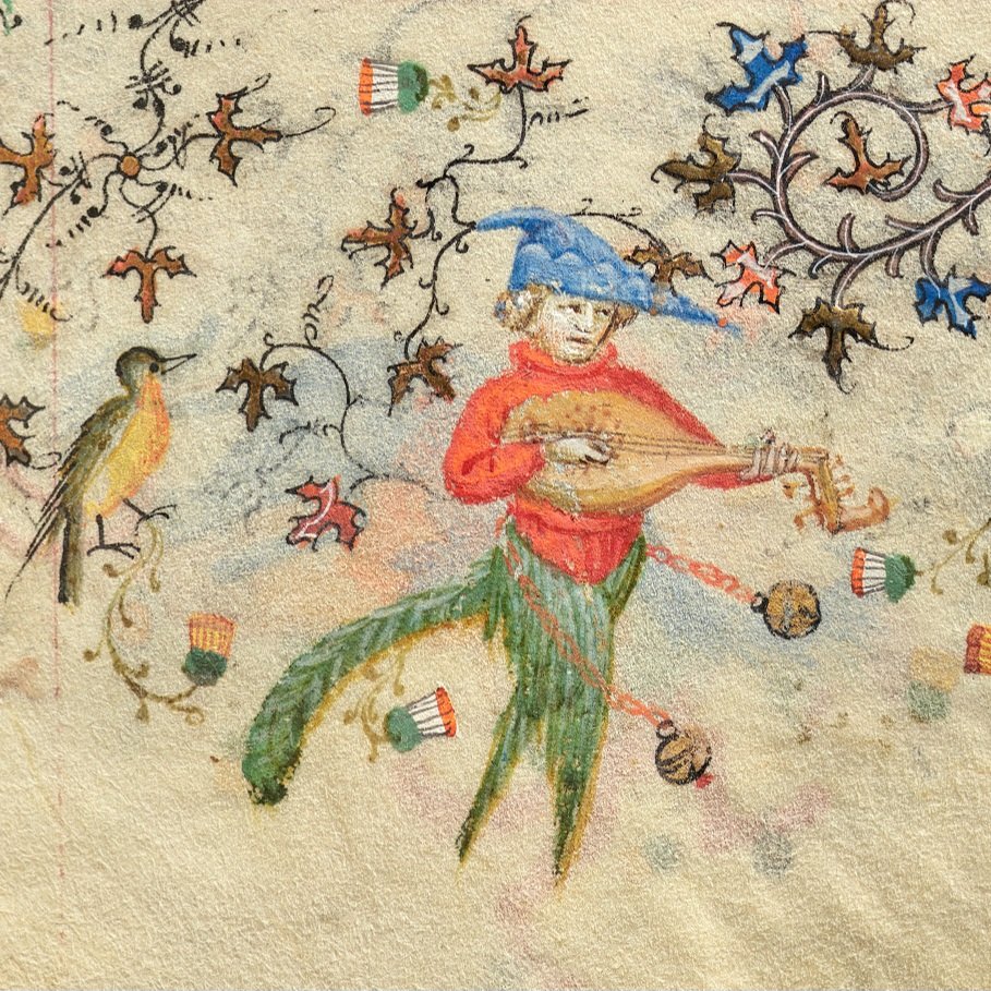 Furry minstrel.

- Hours of Charles the Noble, King of Navarre: fol. 50r, c. 1405 (Cleveland Museum of Art)