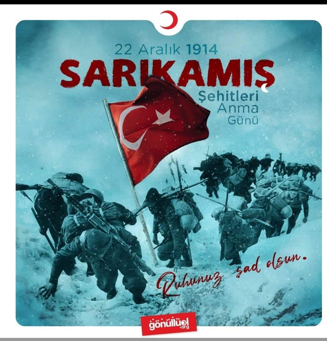 Sarıkamış yaramdır, borandır Sarıkamış Sarıkamış ayazdır, destandır Sarıkamış Tam doksan bin ANADIR Sarıkamış RABBİM ŞEHADETLERİNİ KABUL EYLESİN. 22 Aralık 1914′ te Vatanı için Donarak Hakk'a yürüyen Sarıkamış ve tüm şehitlerimizin Ruhları şad mekanları Cennet olsun
#sarıkamıs 🇹🇷