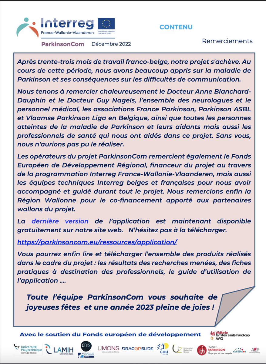 parkinson_com's tweet photo. 👉 📖 🤓 Voici notre newsletter n°25
#uphf #UMONS #dragonslide #vlaamseparkinsonliga #Aviq #Interregfwvl #FEDER #franceparkinson #lamih #CNRS #institutcarnot #chulille #uzbrussel #associationparkinson #insahautsdefrance #changeonsderegardsurparkinson
https://t.co/5zm1O8GsiZ https://t.co/FoC9IUb8bb