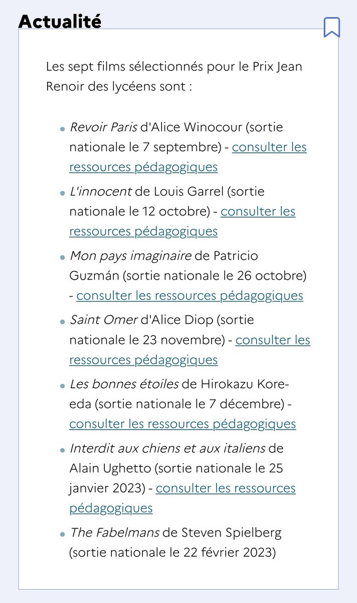 Lettres_edu_num's tweet photo. 🎥 #Cinéma | #PJRL
🔷 Le Prix Jean Renoir des lycéens permet à 50 classes de visionner 7 films en exploitation pendant l'année scolaire, et de participer au choix du film de l'année. Il récompense également les critiques produites par les élèves.
👇 Les 7️⃣ films sélectionnés : https://t.co/i9gTrrfv5c