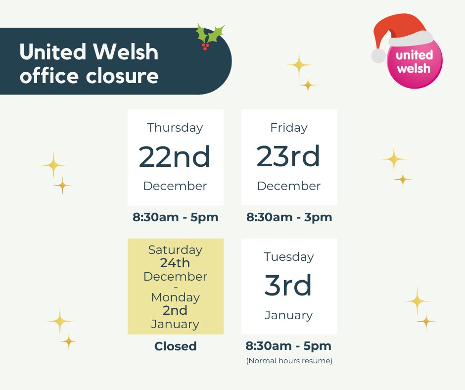 We will close during the festive period, returning on Tuesday 3rd January.

Info about our out of hours service 👉 unitedwelsh.com/blog/2022-chri…

We wish you all a very merry Christmas and a happy New Year.