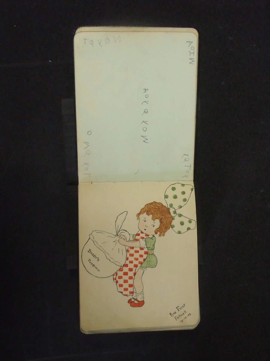 Today's <a href="/artukdotorg/">Art UK</a>'s #OnlineArtExchange is food &amp; feasting. 
Here is a page from a First World War autograph book showing a girl struggling with a large pudding.