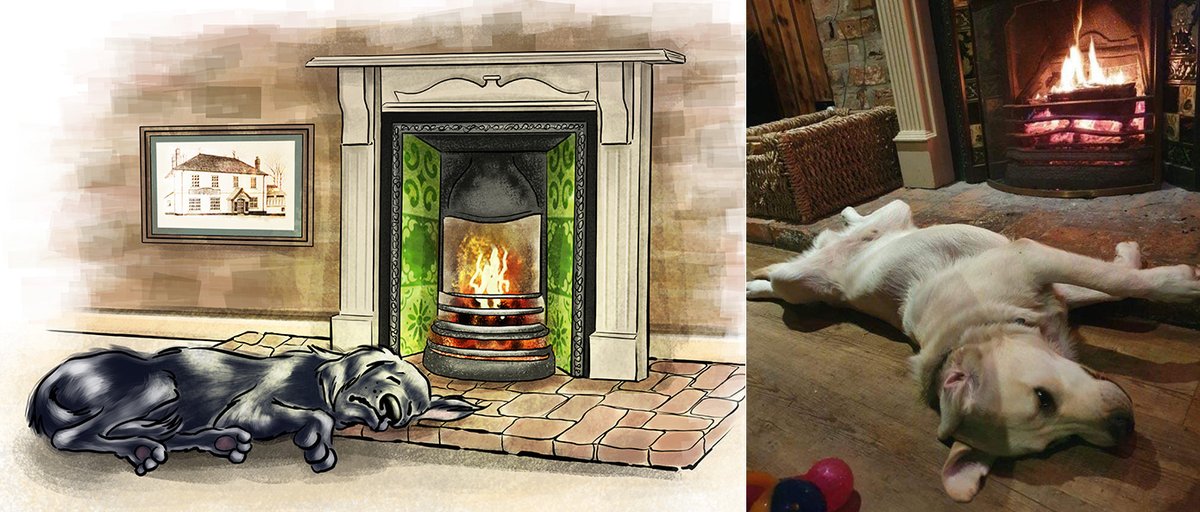 swanseajackbook's tweet photo. Swansea Jack used to visit The Welcome Inn (The Wilkie). He loved to snooze by the open coal fire. The left is an illustration from our book. The right is the current owners dog, Benson…. Keeping up traditions🐾 https://t.co/o4t9sx6GYB