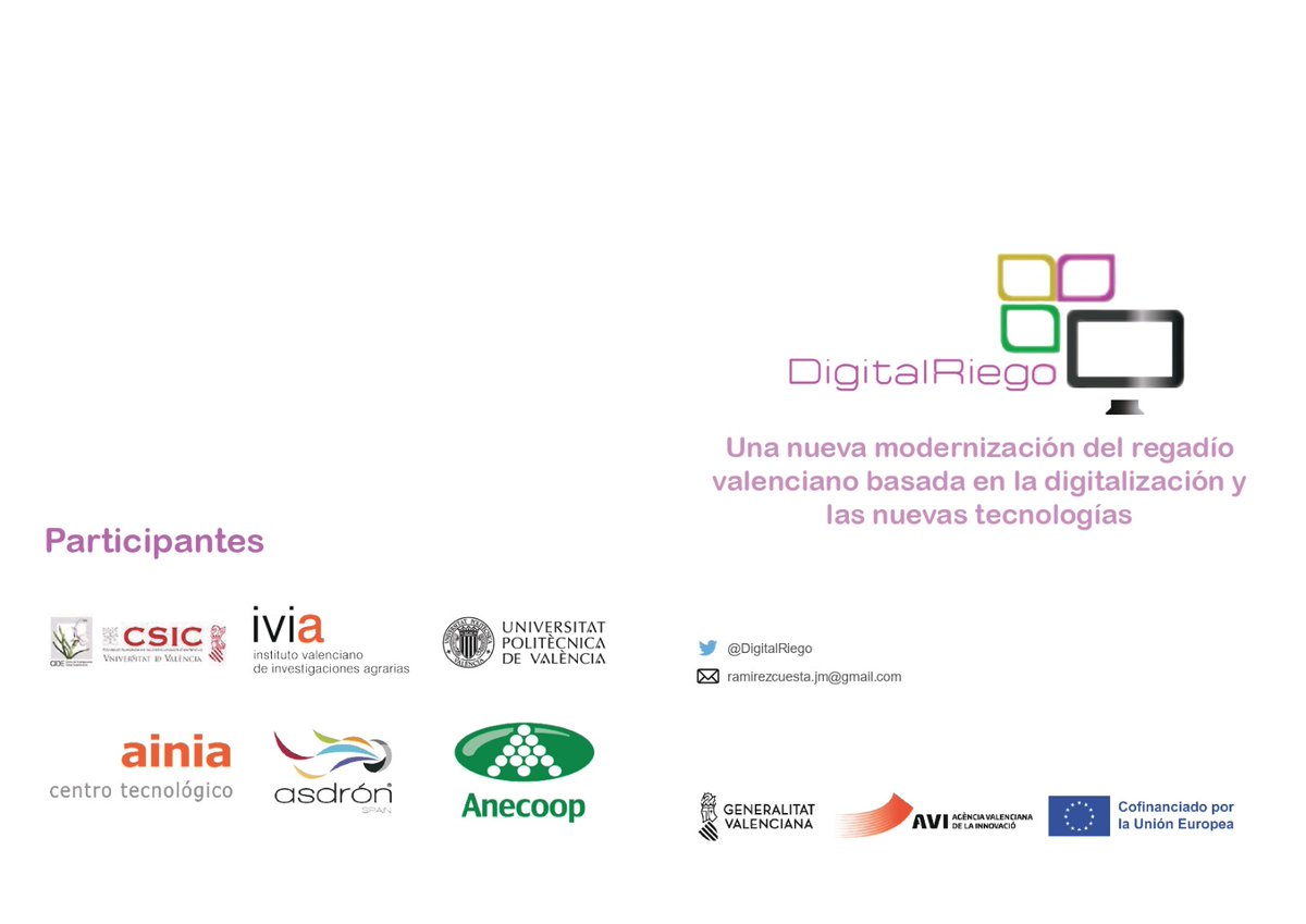 DigitalRiego's tweet image. Ya tenemos disponible el primer folleto📑 del proyecto @DigitalRiego con los objetivos del mismo, nuestros campos experimentales🌳 y las nuevas tecnologías🛰️ que utilizaremos.
#NuevasTecnologias
#AgricuturaPrecision
#EficienciaUsoAgua