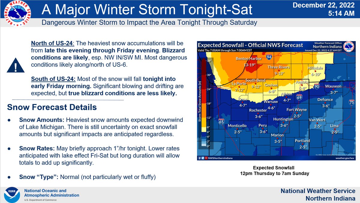 Winter storm warnings and blizzard warnings are in effect from tonight through Saturday morning.  Be prepared for very dangerous travel conditions, with greatest confidence in blizzard conditions across far northern Indiana into southern Lower Michigan.