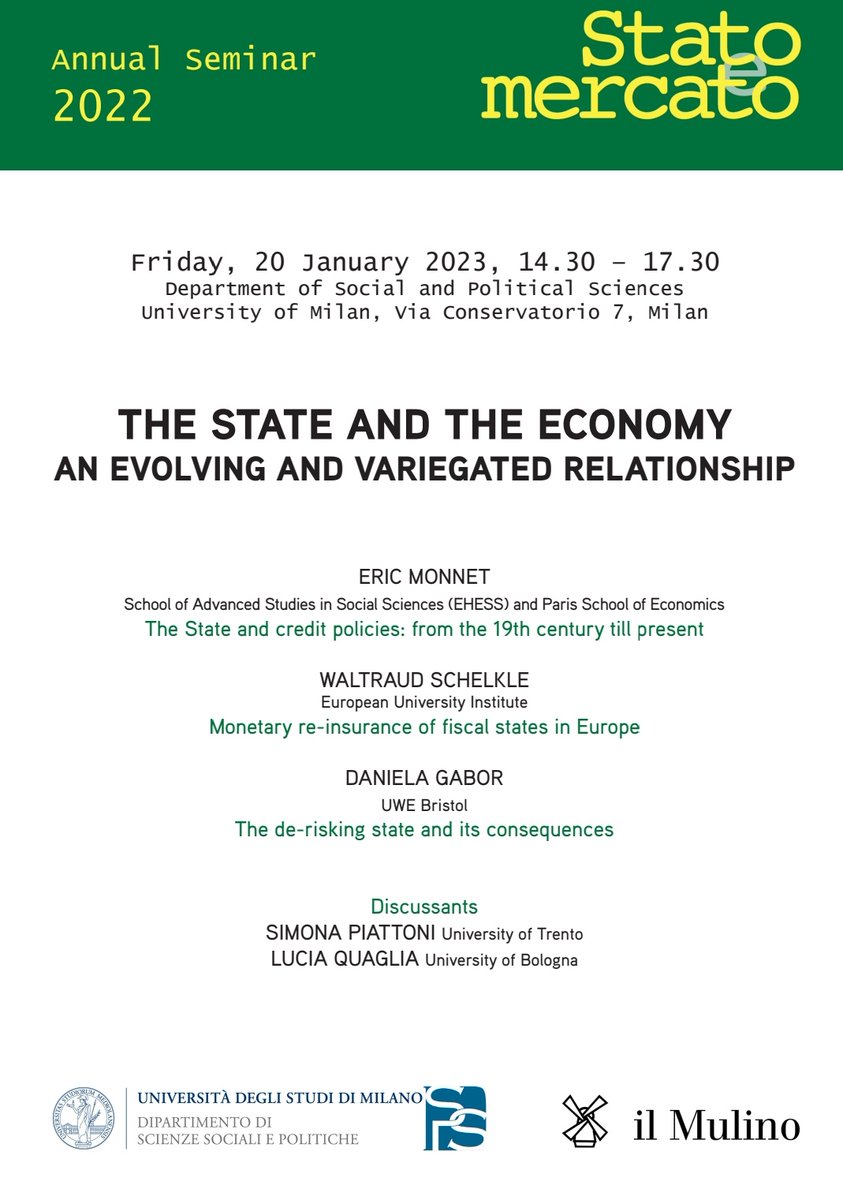 Stato&Mercato (@statoemercato) on Twitter photo 📣📣📣 Save the date!
On January 20 at 2.30 pm, Milan University will host our annual seminar on the relationship between the state and the economy. A precious occasion to discuss with Eric Monnet, Waltraud Schelkle, Daniela Gabor, Simona Piattoni and Lucia Quaglia <a href="/DanielaGabor/">Daniela Gabor</a> 📣📣📣 Save the date!
On January 20 at 2.30 pm, Milan University will host our annual seminar on the relationship between the state and the economy. A precious occasion to discuss with Eric Monnet, Waltraud Schelkle, Daniela Gabor, Simona Piattoni and Lucia Quaglia <a href="/DanielaGabor/">Daniela Gabor</a>
