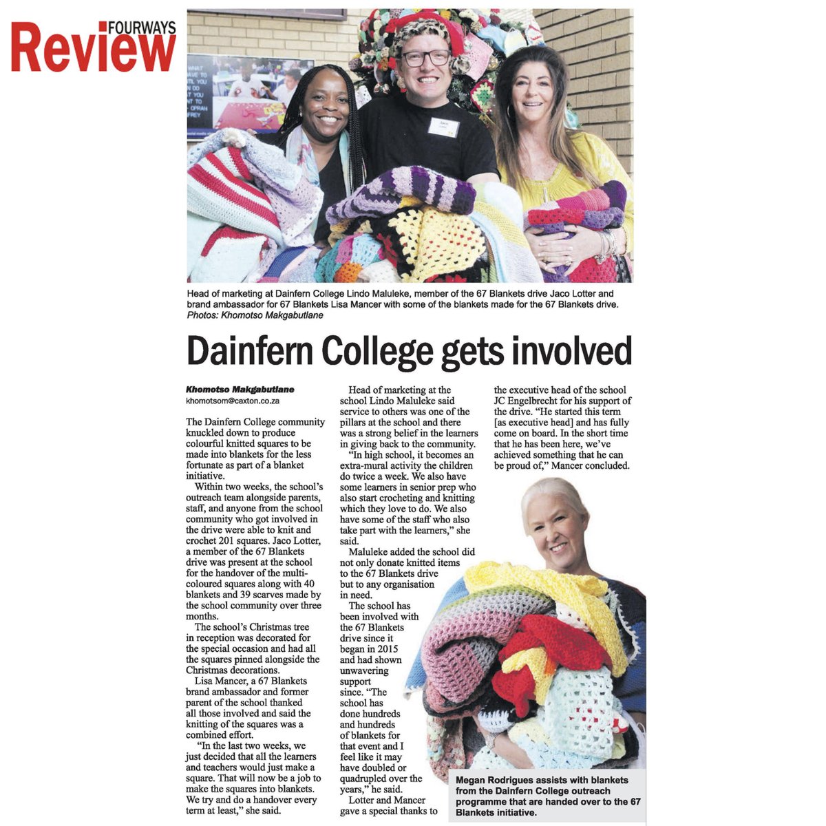 67Blankets's tweet photo. Another 'GOODWOOL' handover.

Thank you to Dainfern College for your continued support and your Goodwool. A special thank you to Lindo Maluleke, JC Engelbrecht, the students, parents, and everyone involved.

#67Blankets
#localblanketsislekka
#DainfernCollege
#fourwaysreview https://t.co/PPX7X7P6Ua