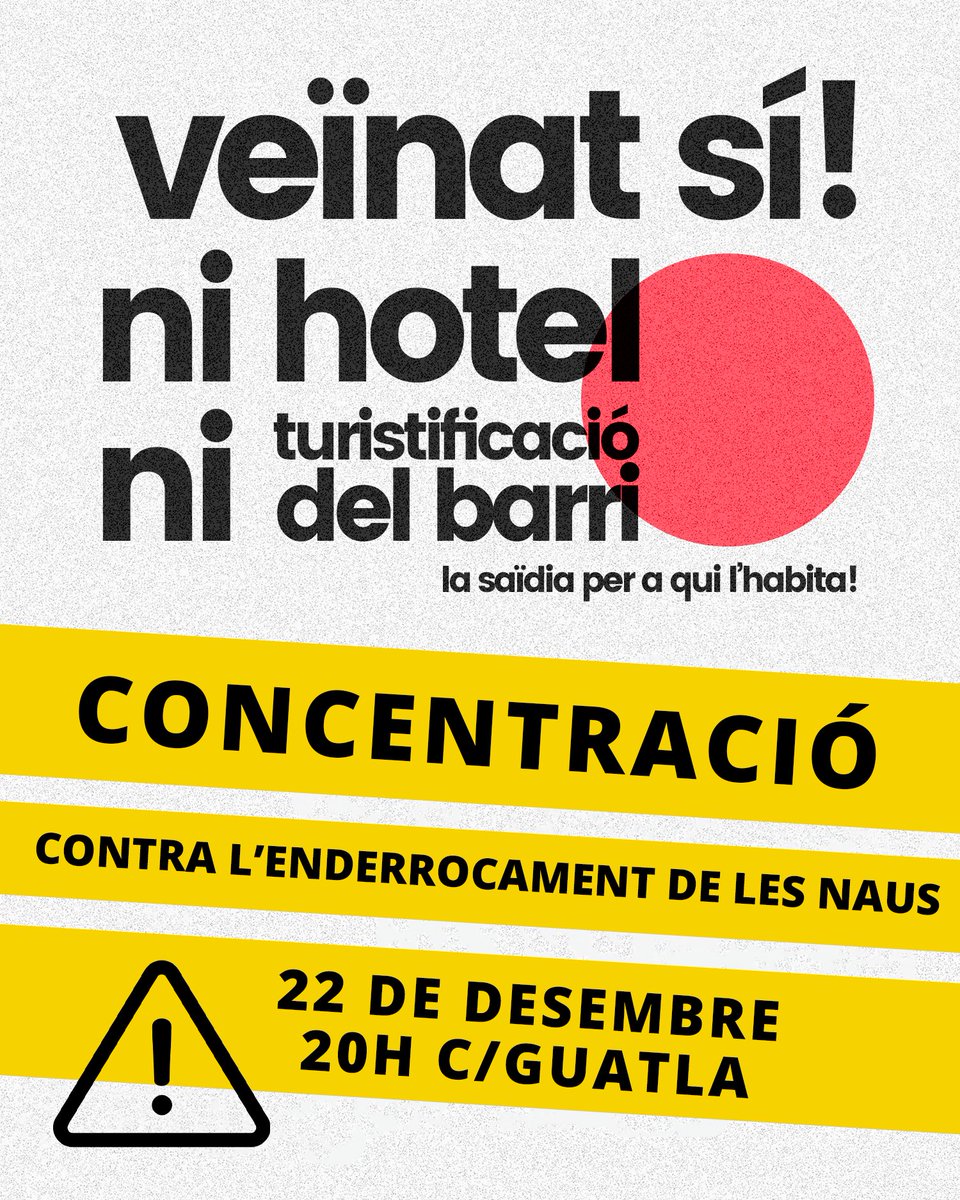 la_saidia's tweet photo. 📢⚠️CONCENTRACIÓ contra l'enderrocament de les naus!

La propietat vol iniciar els treballs d'enderrocament aquest divendres, i començar així els treballs de construcció del macrohotel. No volem un barri i una ciutat per al negoci turístic, aturem aquest despropòsit! https://t.co/3zVtfWJhCq