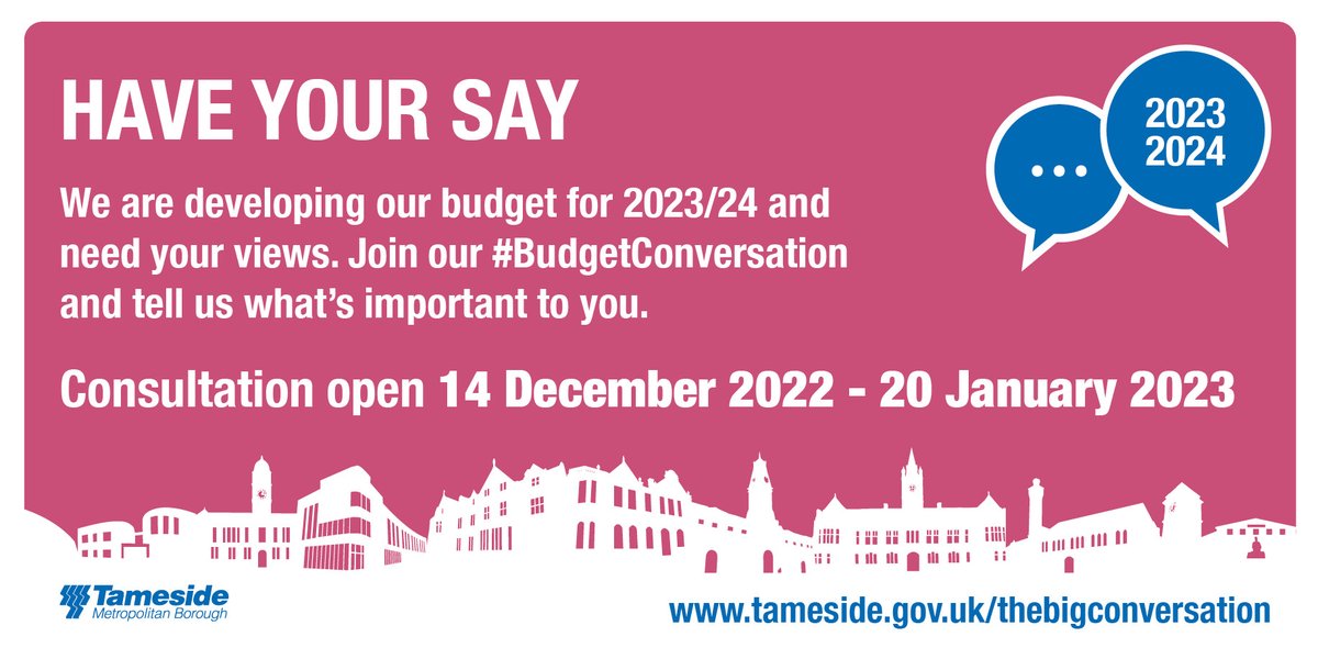 TamesideCouncil's tweet photo. Have your say 📣
We are developing our budget for 2023/24 and need your views. Join our #BudgetConversation and tell us what's important to you.
Tell us here 👉 https://t.co/z47FwuZrAV https://t.co/T0P5xSeZhU