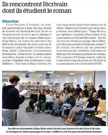 2tartines's tweet photo. À rajouter au press-book de l’année 2022 ! Une fin en beauté à laquelle s’ajoute un chouette article est paru dans La Manche Libre sur notre rencontre avec Hugo Boris au Lycée. Opération #Coupdejeunesenlibrairie @JulieMelieres https://t.co/KRqwaDen8n