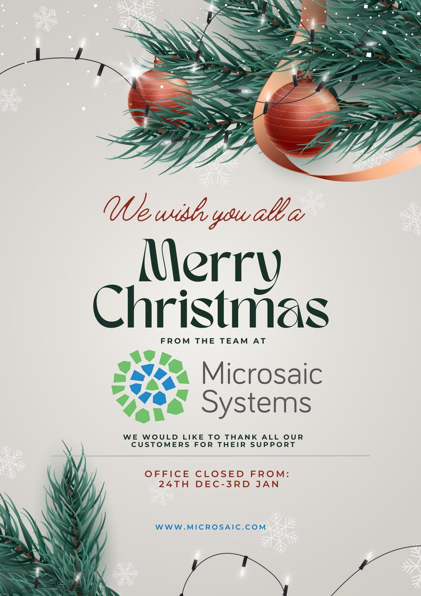 Wishing you all a #MerryChristmas from everyone at Microsaic System! Thanks to all our customers &amp; partners that made this year so great! Office will be closed Christmas &amp; the #NewYear from 24 Dec-3 Jan. Visit our website microsaic.com &amp; inquire at info@microsaic.com.