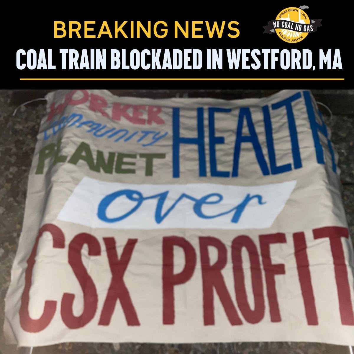 Coal Train blockaders call for: Worker, Community, & Planet Health over CSX Profit

#StrikeDownCoal #BuildUpJustice
Solidarity with #RailLabor #RailroadWorkers #UnionStrong
