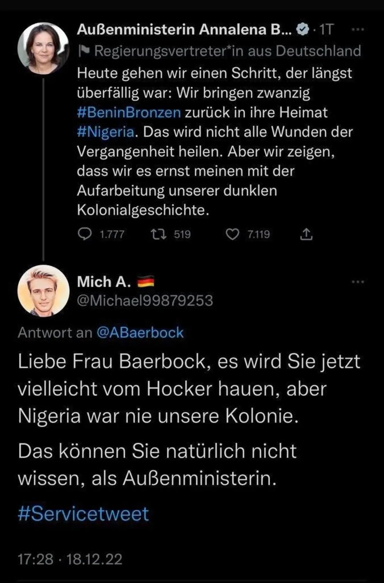 Nigeria Teil "unserer" #Kolonialgeschichte? Das kommt eben raus, wenn der höchste Bildungsabschluss ein Partysemester in London ist.
facebook.com/JoergSchneider… #Baerbock #BeninBronzen #Fleischhauer