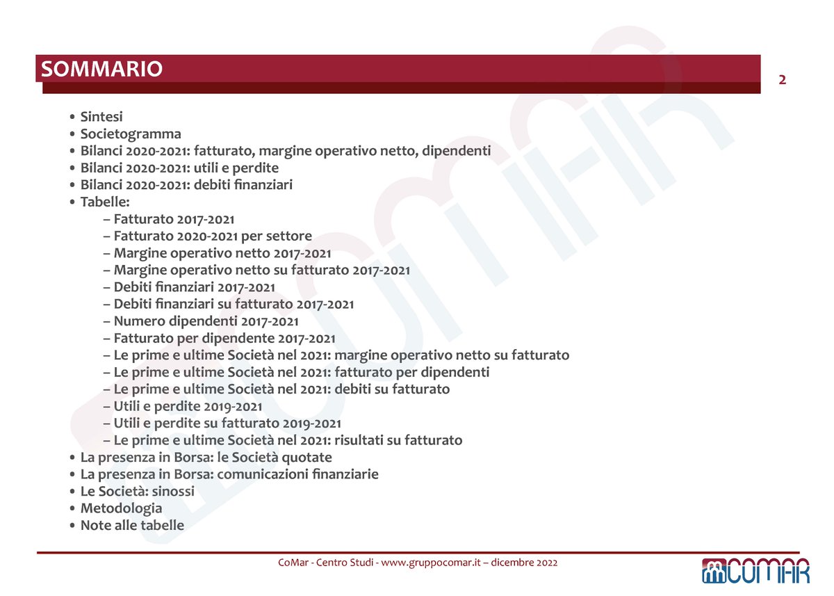 PARTECIPATE STATALI <a href="/MEF_GOV/">MEF</a>, bilanci: record fatturato e utili, salgono debiti
Analisi <a href="/ComarInfo/">Gruppo CoMar</a> 
<a href="/Leonardo_IT/">Leonardo</a> <a href="/fsitaliane/">Ferrovie dello Stato Italiane</a> @PosteNews <a href="/Fincantieri/">Fincantieri</a> <a href="/eni/">eni</a>  <a href="/EnelGroup/">Enel Group</a> <a href="/TernaSpA/">TernaSpA</a> <a href="/Italgas/">Italgas</a> <a href="/ENAVSpA/">ENAV</a> <a href="/IPZS/">Poligrafico e Zecca</a> <a href="/OpenFiberIT/">Open Fiber</a> <a href="/ITAAirways/">ITA Airways</a> <a href="/Sogei_SpA/">Sogei</a> <a href="/Consip_Spa/">Consip</a> @PagoPA <a href="/Cinecitta/">Cinecittà</a> 
<a href="/Massross/">Massimo Rossi</a>