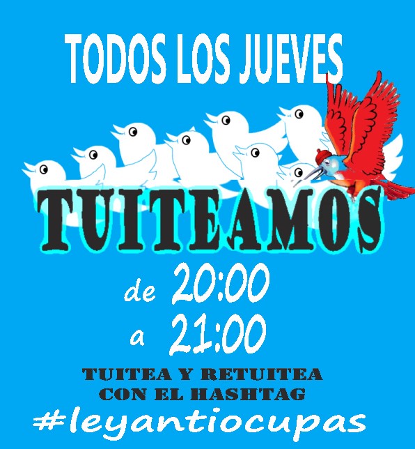 Jomaca18's tweet photo. No olvidéis que HOY JUEVES (como todos los jueves) a las 8 de la tarde tuiteamos y Re-Tuiteamos incluyendo el hashtag #leyantiocupas una y otra vez hasta que se nos cae el dedo o nos escayolan la mano https://t.co/zPNT8GWnmK