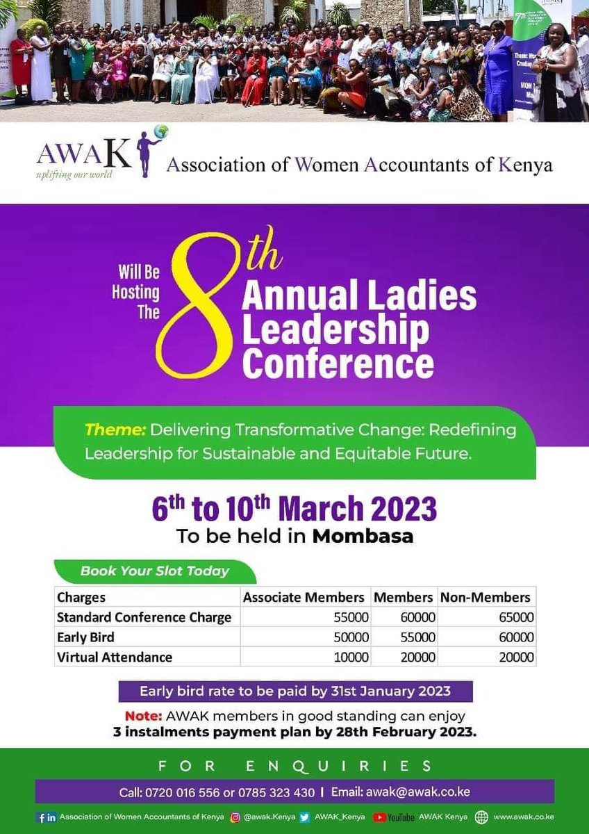 COMING UP!! 
8th Annual Ladies Leadership and Accountability Conference LLC2023 
Theme- “Delivering Transformative Change: Redefining Leadership for a Sustainable and Equitable Future”

DATES;6th-10th March 2023
20 CPD to be awarded
 awak.co.ke/events/ladies-…
#awakupliftingourworld