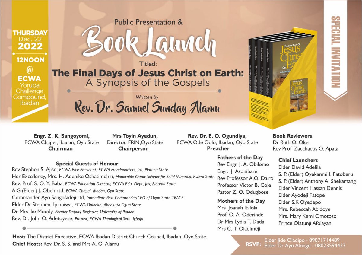 DrAlongeAJ's tweet photo. 📌 *Rev Dr S.S. Alamu's Samuel Alamu   Book Launch* - 
👉 * Thursday, December 22, 2022* at 
ECWA Challenge Compound, Ibadan*.
👉 *Time 12 Noon*
#seminary #theology #academia #Gospel #ECWAchurch @ECWATelevision https://t.co/qibNaLstPb