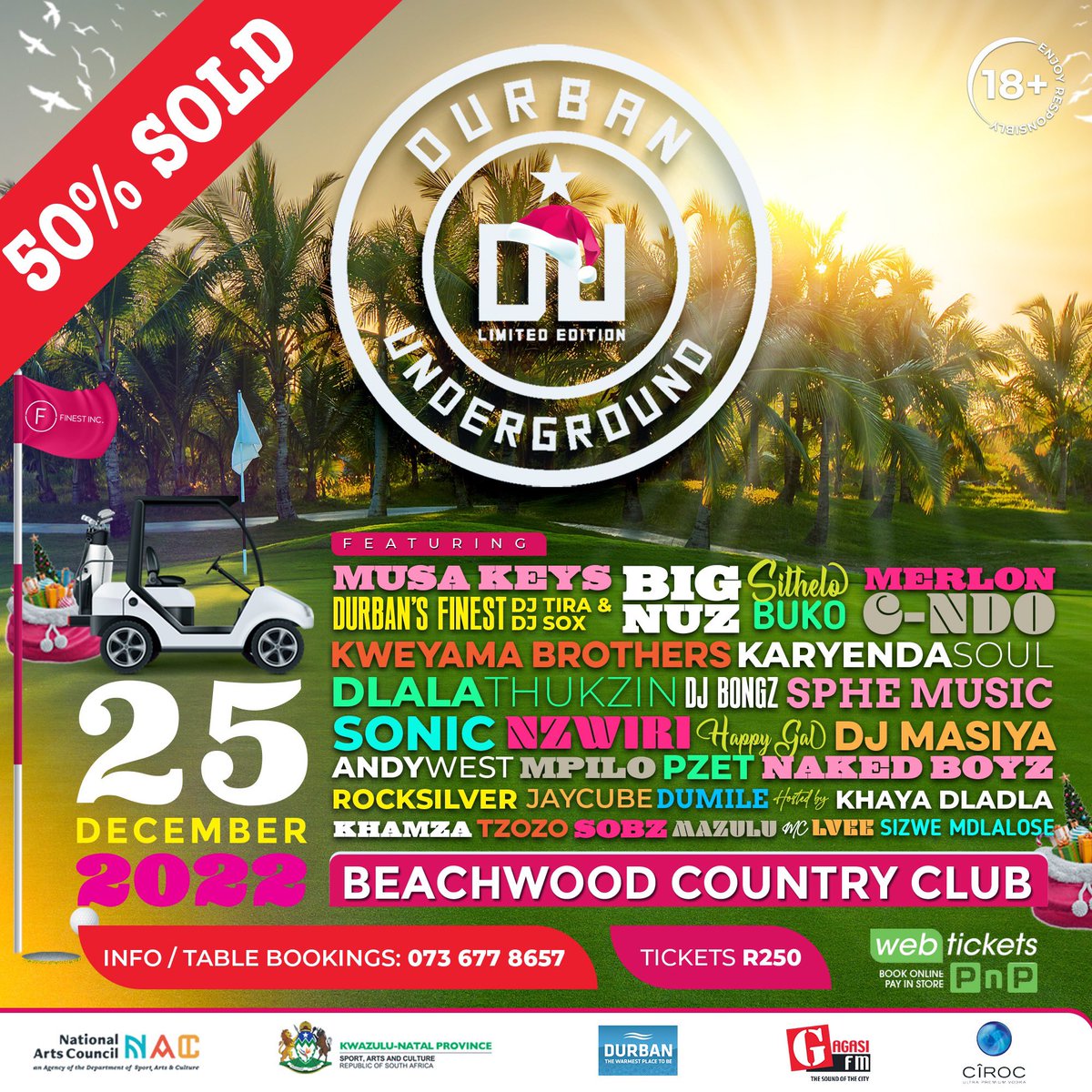 DbnUnderground_'s tweet photo. Annual #DbnUnderground this Sunday 25 Dec @ Beachwood Country Club. 🚨50% TICKETS SOLD 🚨 

Get your tickets &amp; join: @MusaKeyss 

Table Bookings☎️ 0736778657

#DUXmas22 #NACFundingForArt #DurbanHasMore @dbntourism @gagasifm https://t.co/zANjTuNlnC