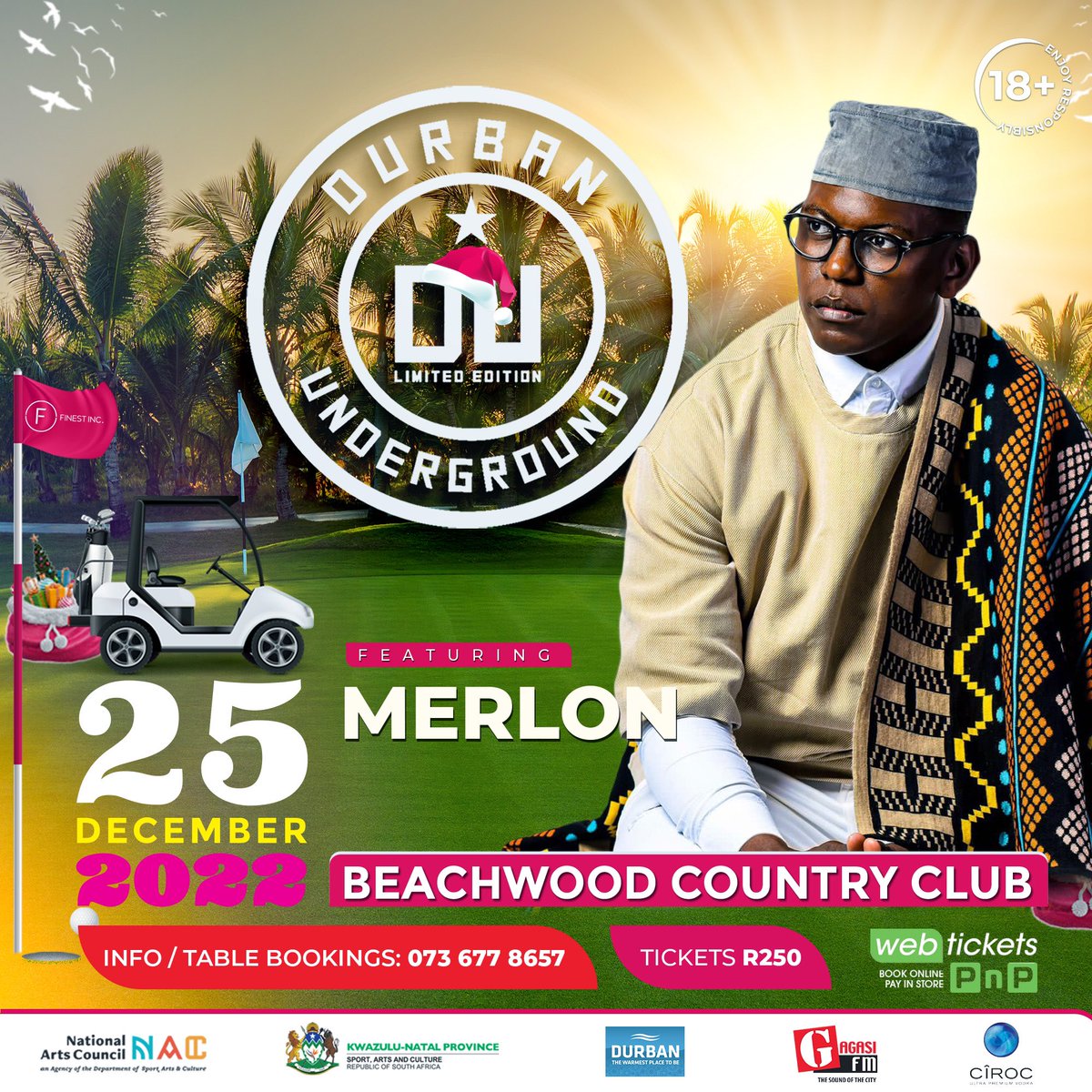 DbnUnderground_'s tweet photo. Annual #DbnUnderground this Sunday 25 Dec @ Beachwood Country Club. 🚨50% TICKETS SOLD 🚨 

Get your tickets &amp; join:
@djmerlon @Karyendasoul @DJNZWIRI 

Table Bookings☎️ 0736778657

#DUXmas22 #NACFundingForArt #DurbanHasMore @dbntourism @gagasifm https://t.co/Cqk4nF8l5v