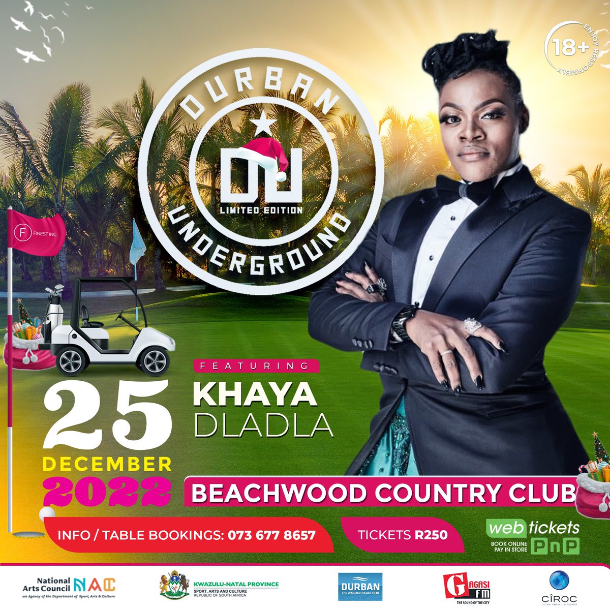 DbnUnderground_'s tweet photo. Annual #DbnUnderground this Sunday 25 Dec @ Beachwood Country Club. 🚨50% TICKETS SOLD 🚨 

Get your tickets &amp; join: @Khaya_dladla @MazuluAfrosoul 

Table Bookings☎️ 0736778657

#DUXmas22 #NACFundingForArt #DurbanHasMore @dbntourism @gagasifm https://t.co/mILEvQodgE