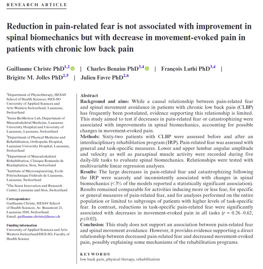 Our new paper (5th paper from my PhD) is now published Reduction in pain-related fear is not associated with improvement in spinal biomechanics but with decrease in movement-evoked pain in patients with chronic low back pain onlinelibrary.wiley.com/doi/10.1111/pa… #OpenAccess 🧵/1