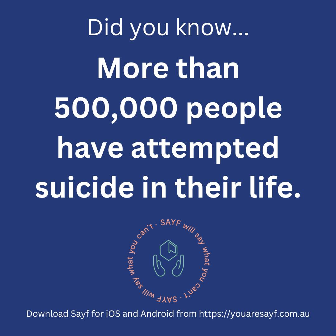 It is estimated that more than 500,000 Australians have attempted suicide at some time in their life. Help us reduce that number by connecting with your support crew on Sayf.

#Mentalhealth #MentalHealthMatters #MentalHealthAwareness #SuicidePrevention #SuicideAwareness
