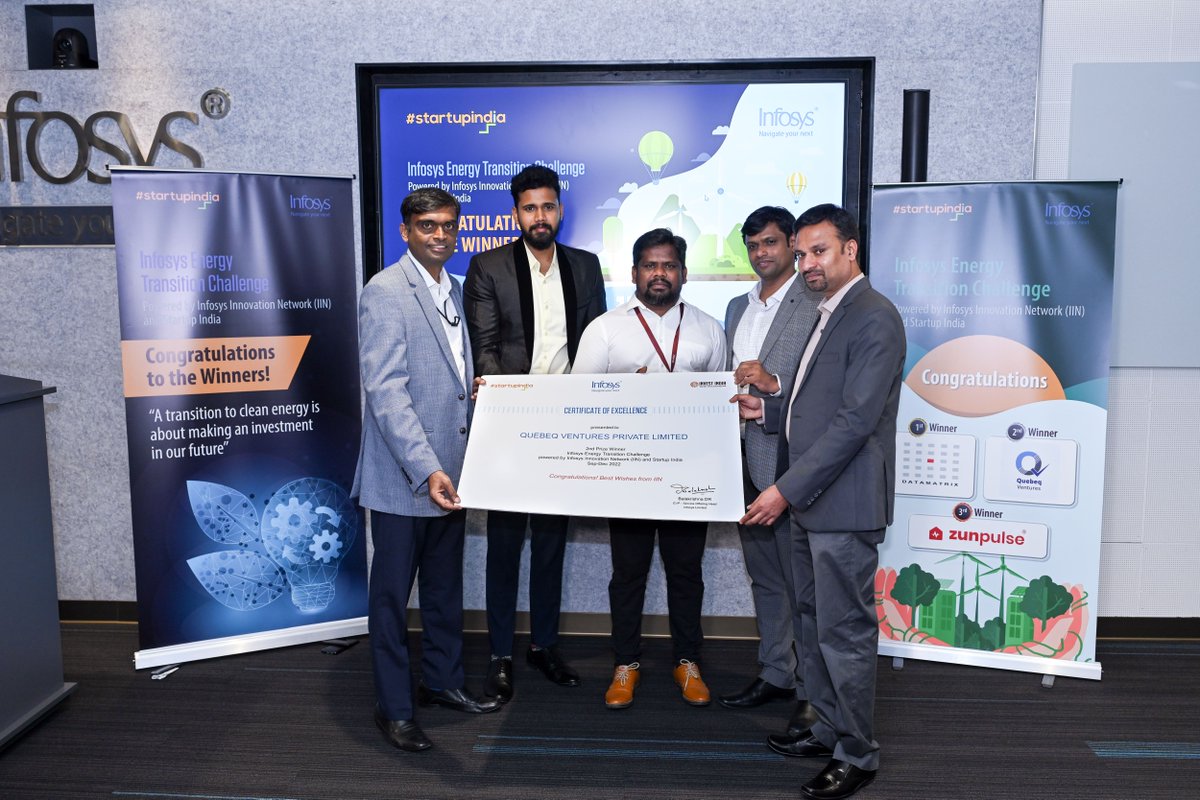 InfosysEvents's tweet image. Catch a glimpse of the Infosys Energy Transition Challenge’s Award Ceremony by #InfosysInnovationNetwork and @startupindia. At this event, 3 winning startups Datamatrix, Quebeq &amp;amp; @zunpulse were commended for their innovative solutions. Know more. bit.ly/3HSete3 #iCETS