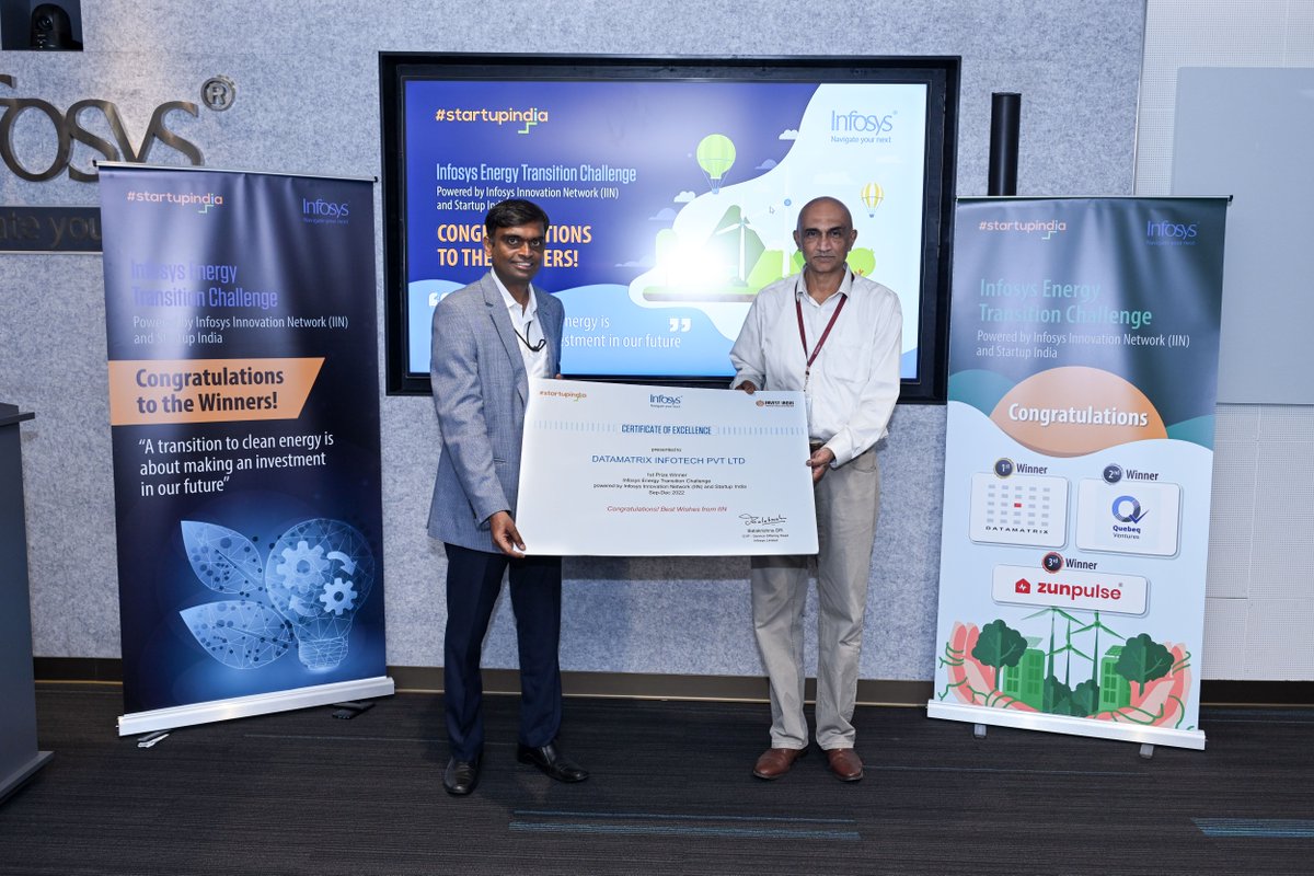 InfosysEvents's tweet image. Catch a glimpse of the Infosys Energy Transition Challenge’s Award Ceremony by #InfosysInnovationNetwork and @startupindia. At this event, 3 winning startups Datamatrix, Quebeq &amp;amp; @zunpulse were commended for their innovative solutions. Know more. bit.ly/3HSete3 #iCETS
