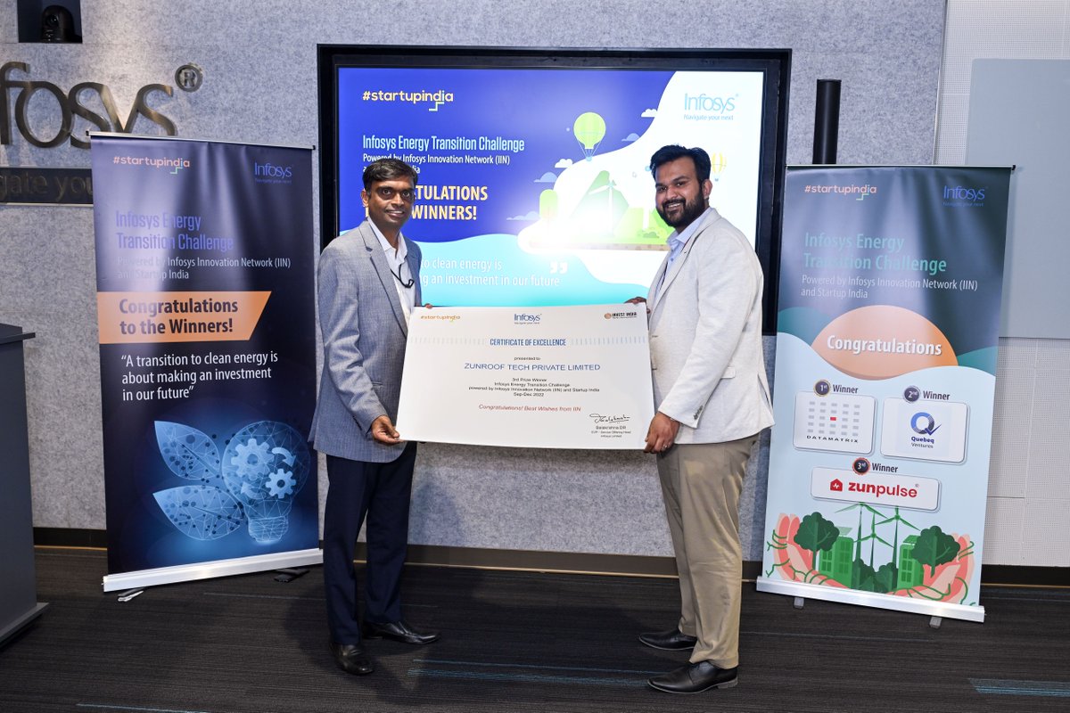 InfosysEvents's tweet image. Catch a glimpse of the Infosys Energy Transition Challenge’s Award Ceremony by #InfosysInnovationNetwork and @startupindia. At this event, 3 winning startups Datamatrix, Quebeq &amp;amp; @zunpulse were commended for their innovative solutions. Know more. bit.ly/3HSete3 #iCETS