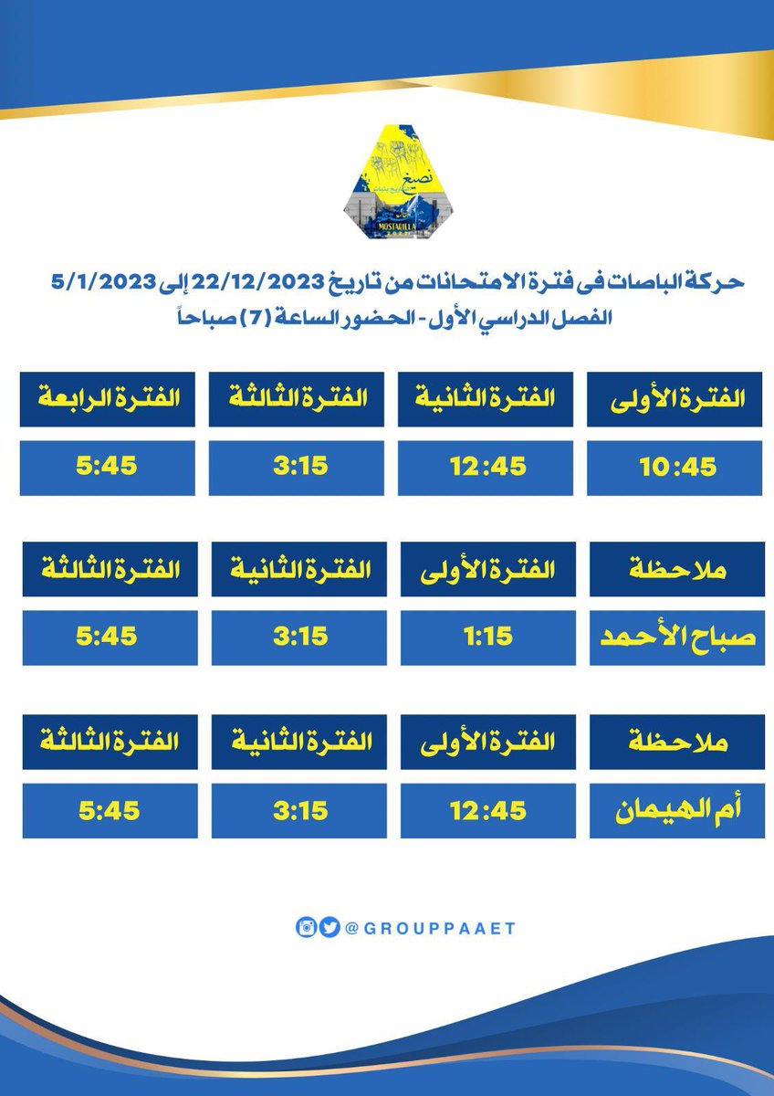 -
📌حركة الباصات في فترة الامتحانات للفصل الدراسي الأول من تاريخ :
2022/12/22 
إلى 
2022/1/5
الحضور الساعة 7 صباحاً💛💙
#paaet
#التطبيقي