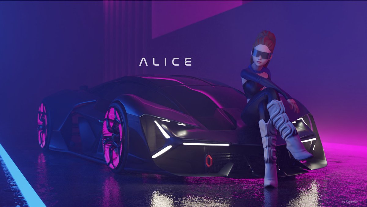 I started a project to make wallpapers with people's avatars. She is Alice, an earth2 player. Her avatar she sent me looked like a cyberpunk style. So I used blue and violet lighting, fog and damp floors. Lamborghini Terzo Millennio model is also included. #earth2 #readyplayerme