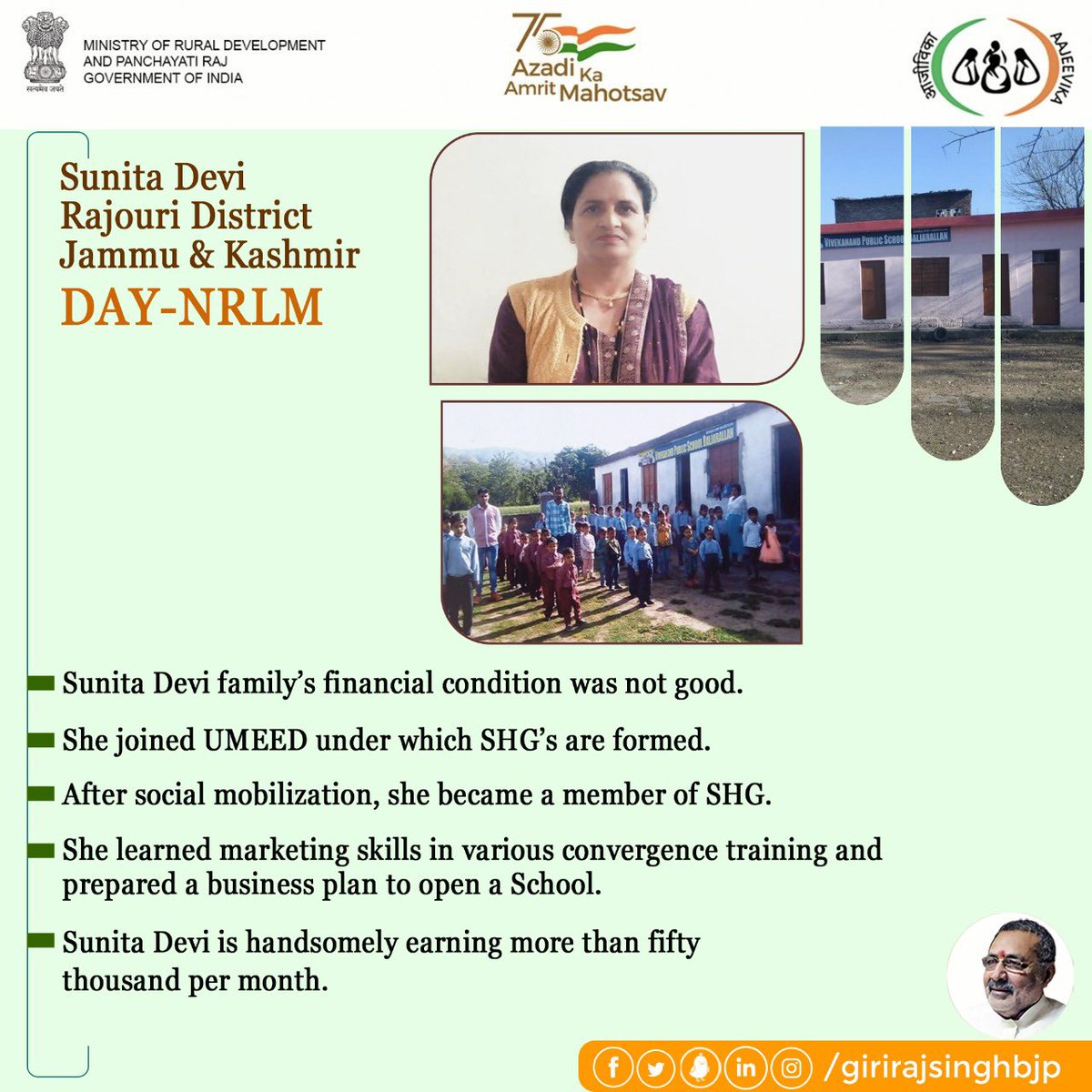 girirajsinghbjp's tweet photo. #DAYNRLM has changed the life of Sunita Devi, today she is running her own School. She has also provided employment to more than 8 other local youths. Her enterprise has become a source of inspiration for many rural women. https://t.co/CbsQnwve6c