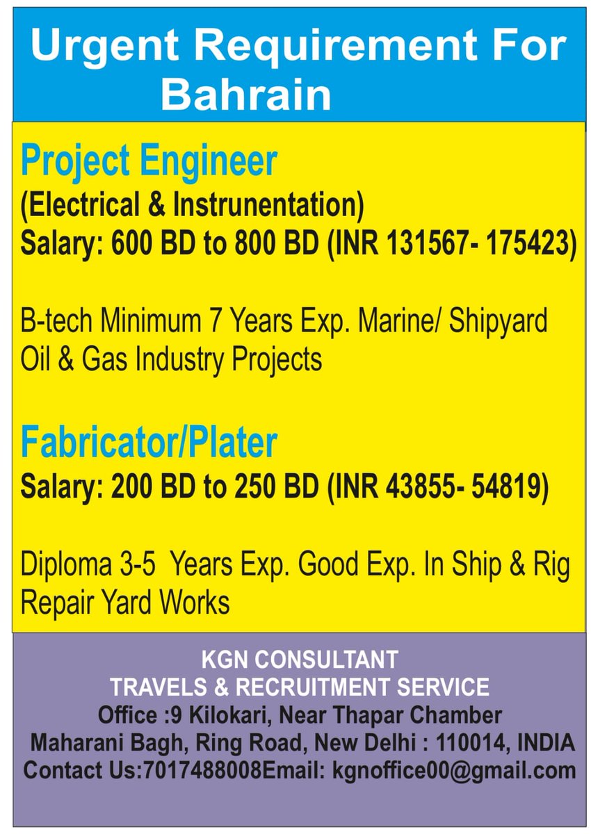 ConsultantKgn's tweet image. #Bahrain_jobs #Project_Engineer #Fabricator_Plater #Gulf_jobs