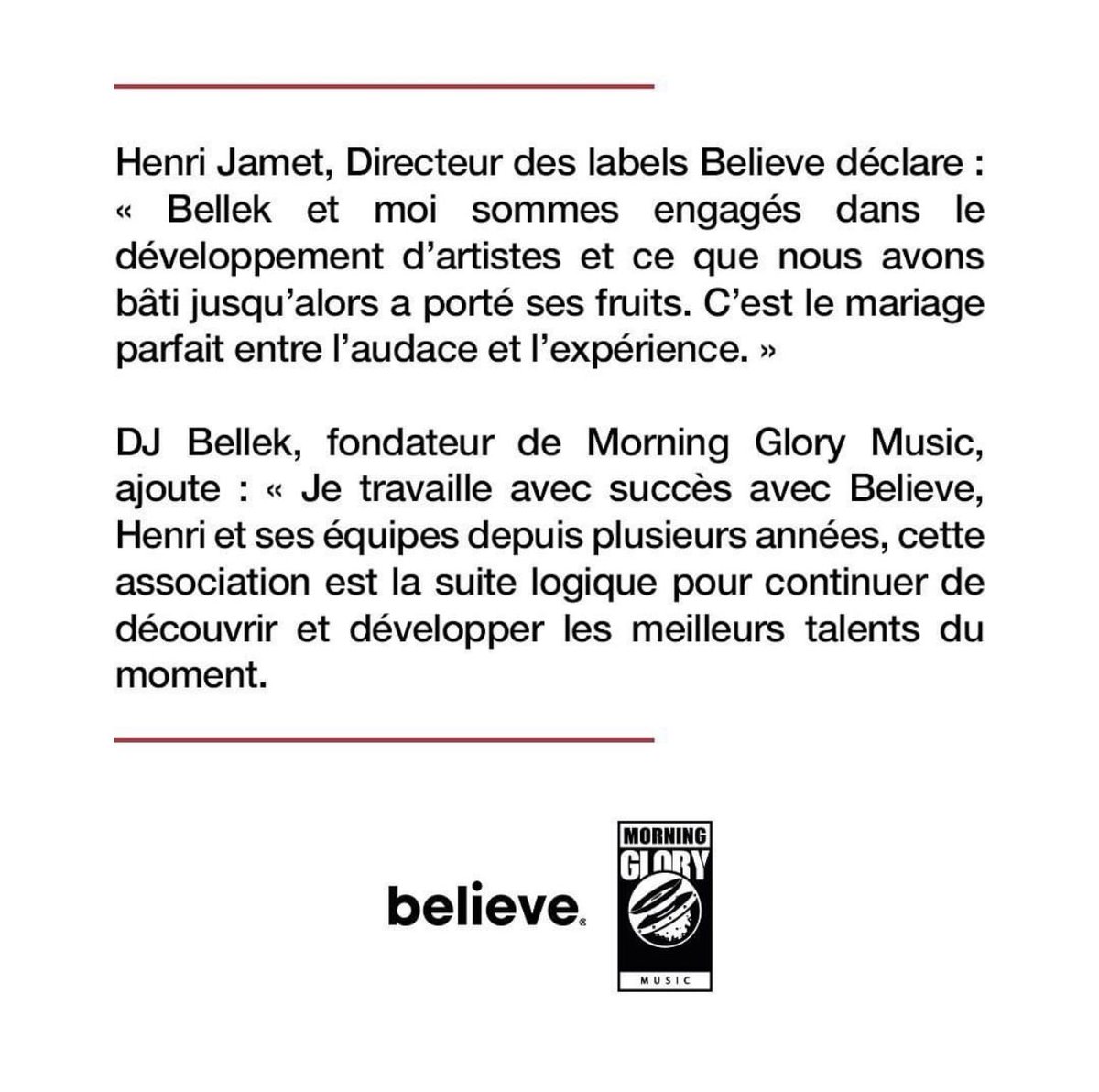 Fier de cette association avec le TRÈS talentueux <a href="/Dj_Bellek/">Dj Bellek</a> &amp; le label Morning Glory pour accompagner <a href="/zkrmusik/">Zkr</a> <a href="/favedb95/">favé</a> <a href="/LandyOff/">LandyAssA💀</a> #decimo, et de ts les artistes à venir! Avec la meilleure équipe du monde chez <a href="/Believe_France/">Believe France</a> guidé par le brillant <a href="/ITS_HENRI/">HENRI JAMET</a> 💪 et sa team de 🔥