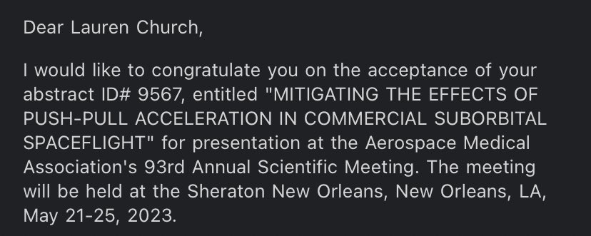 Dr Lauren Church (@laurencspace) on Twitter photo Delighted to be presenting at <a href="/Aero_Med/">AsMA</a> 2023 on push-pull acceleration in commercial spaceflight 🙏 props to the rest of my team too! <a href="/sivrupanin/">Dr Nina Purvis (she/her)</a> <a href="/ChloeM_Med/">Chloe</a> <a href="/Astrosurgery/">Eleonor Frost</a> <a href="/Maia_Space/">Maia</a> ✨ Delighted to be presenting at <a href="/Aero_Med/">AsMA</a> 2023 on push-pull acceleration in commercial spaceflight 🙏 props to the rest of my team too! <a href="/sivrupanin/">Dr Nina Purvis (she/her)</a> <a href="/ChloeM_Med/">Chloe</a> <a href="/Astrosurgery/">Eleonor Frost</a> <a href="/Maia_Space/">Maia</a> ✨